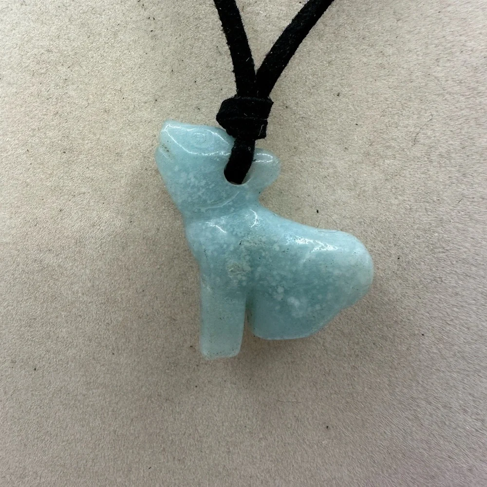 Unique Wolf Shaped Caribbean Calcite Pendant Necklace in Black Faux Suede - Picture 7 of 9